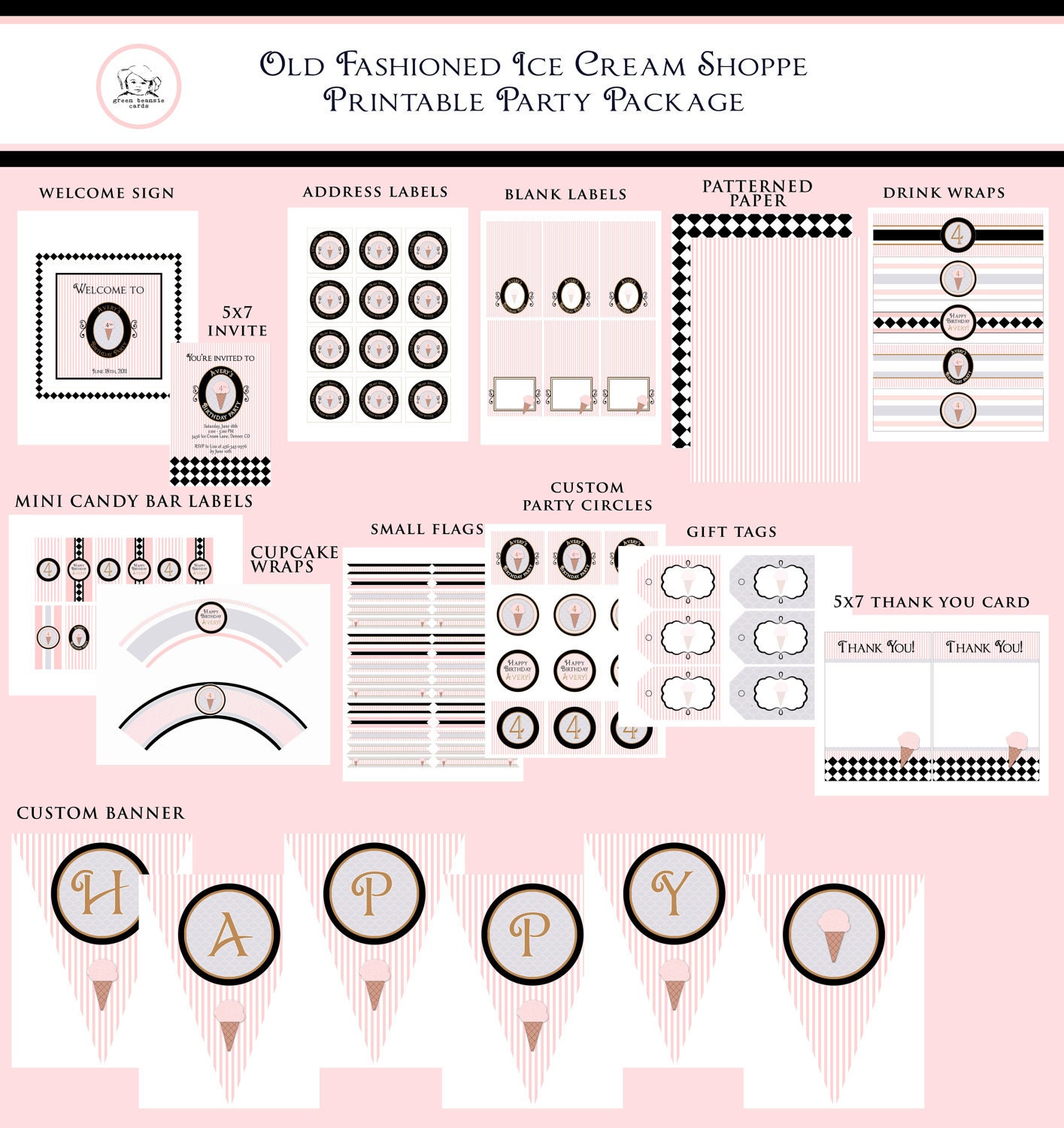 ICE CREAM SHOP Printable Party Decor Package and Invitation - Pink, Black, and White Il_570xn