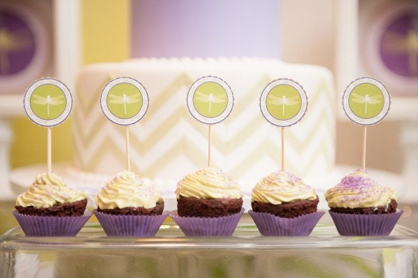 DRAGONFLY Printable Cupcake Toppers - Green and Purple Il_570xn