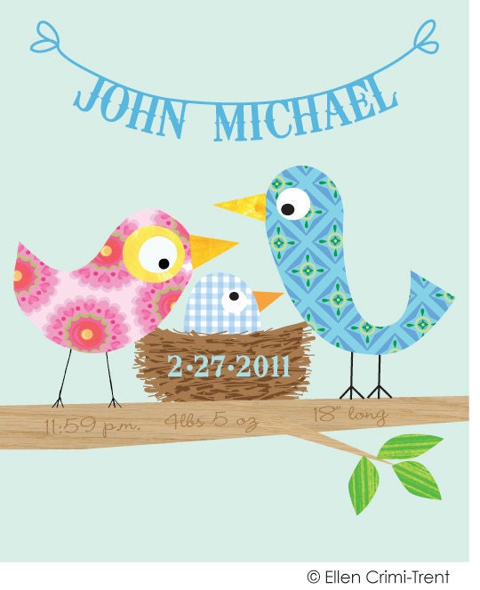 Personalized Baby Boy Bird  Art Print 11x14