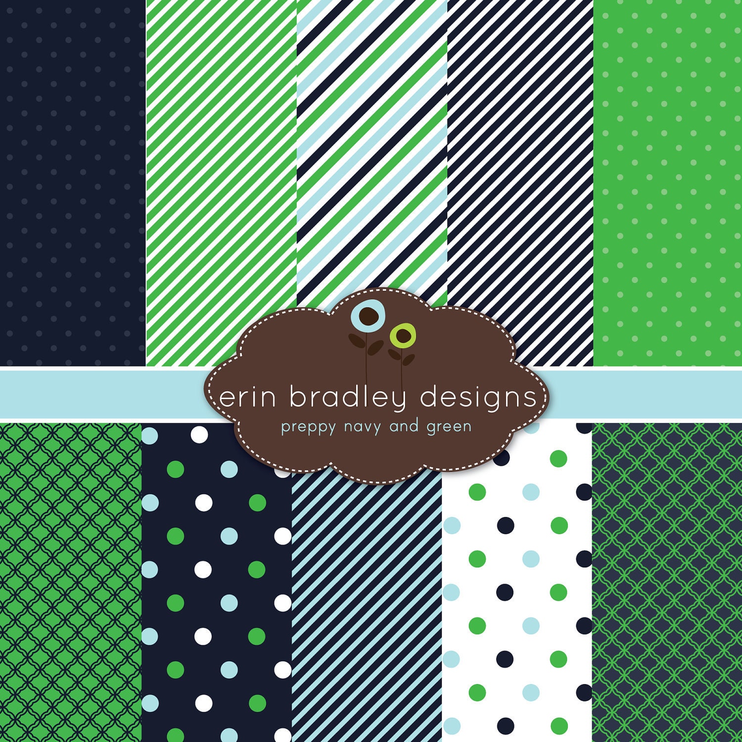 Digital Scrapbook Papers Personal and Commercial Use Preppy Navy Blue and Kelly Green Medley