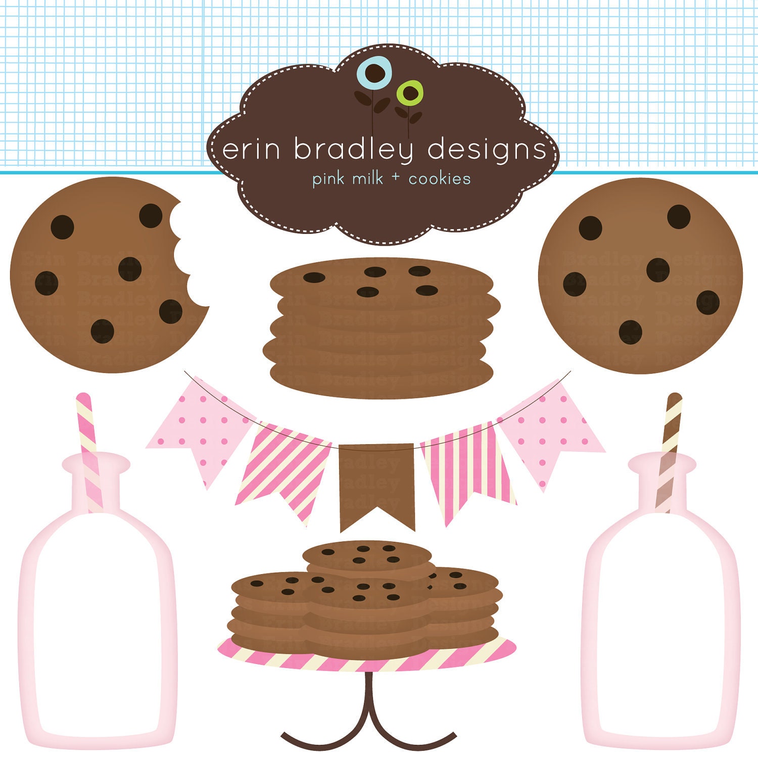 Pink Milk and Cookies Clip Art Commercial Use Clipart Graphics Il_170x135