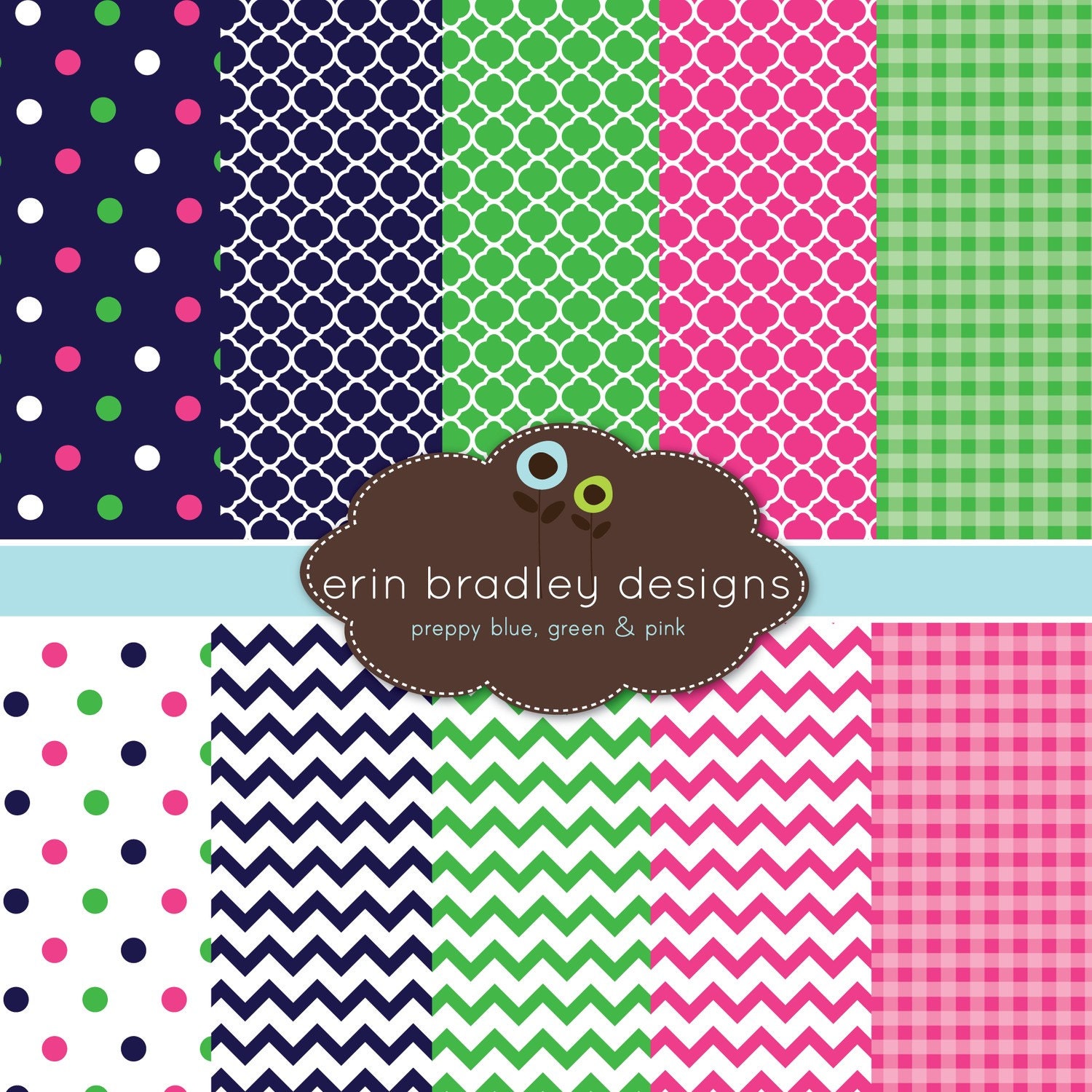 Digital Scrapbook Papers Personal and Commercial Use Preppy Navy Blue Pink and Green Il_570xn