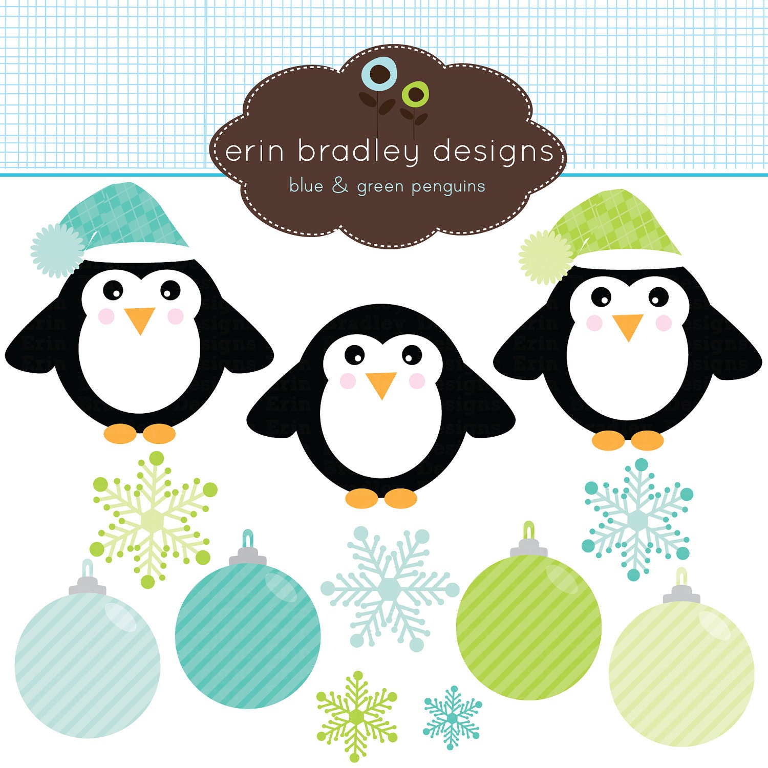 Holiday Clipart Clip Art Personal & Commercial Use Blue and Green Penguins Instant Download Il_570xn