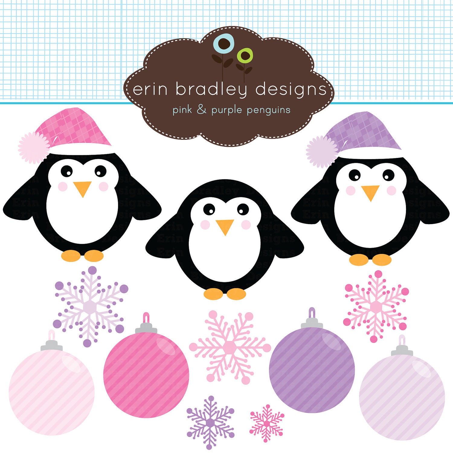 Instant Download Holiday Clipart Clip Art Personal & Commercial Use Pink and Purple Penguins Il_570xn