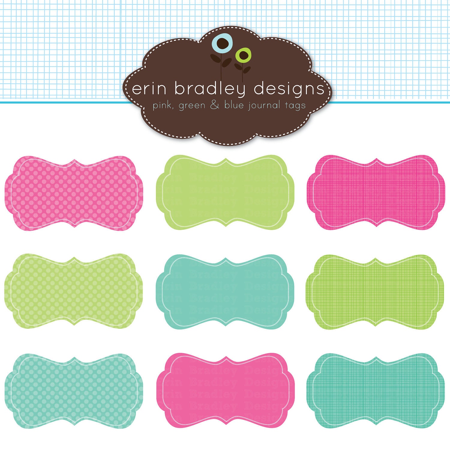 Digital Scrapbooking Clipart Clip Art Pink Green and Blue Journal Tags Personal & Commercial Use Il_570xn