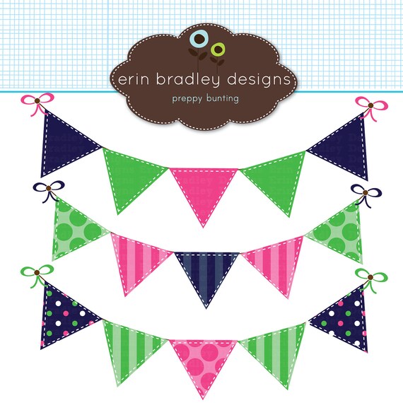 Preppy Bunting Clipart Commercial Use Blue Green and Pink Banner Flags Clip Art Graphics Il_570xn