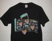 SALE - Vintage 90s Black Neon T-Shirt /  Hearts and Musical Notes / Women / Top / XS / S