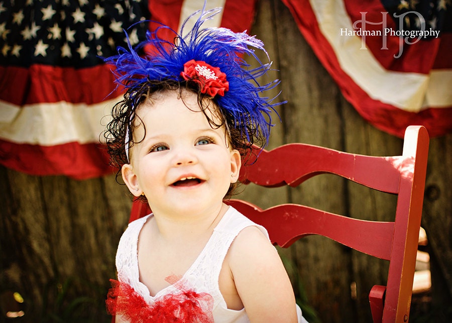 AMERICAN Beauty II Red White n Blue Fabric Flower Headband Bling Satin Rosette Ostrich Feathers - Fits Babies Toddlers Big Girls 4th Of July