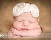 Ivory Headband Simply Sweet Triple Rosette Organza Flower Headband Vintage Pearls and Diamond Bling - Fits Babies Toddlers - Photography