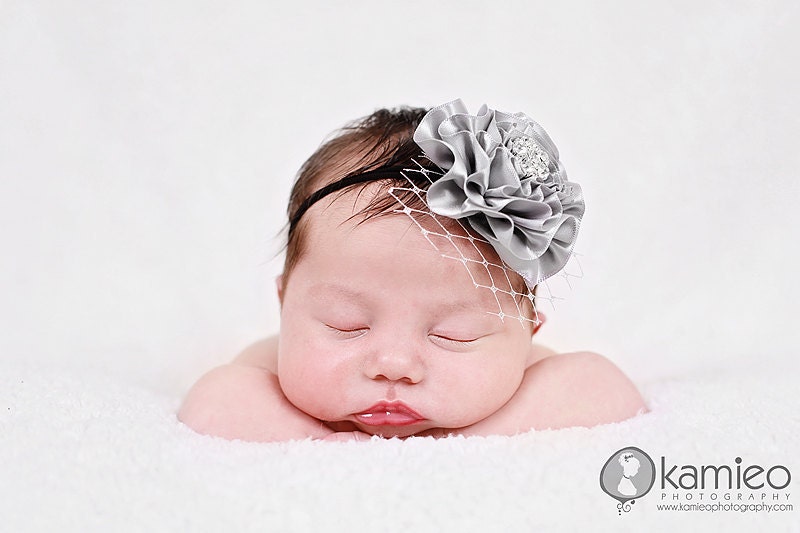 Baby Headband Silver Gray Black SATIN Puff Rosette Fabric Flower Christmas French Tulle Mega Bling Rhinestone - Babies Toddlers