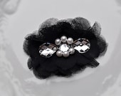 Black Tulle Hair Clip with Pearls and Faux Bling - Sexy Hot Mom Pin Up Rockability Clippie Hair Bow - Women Girls Tweens Kids