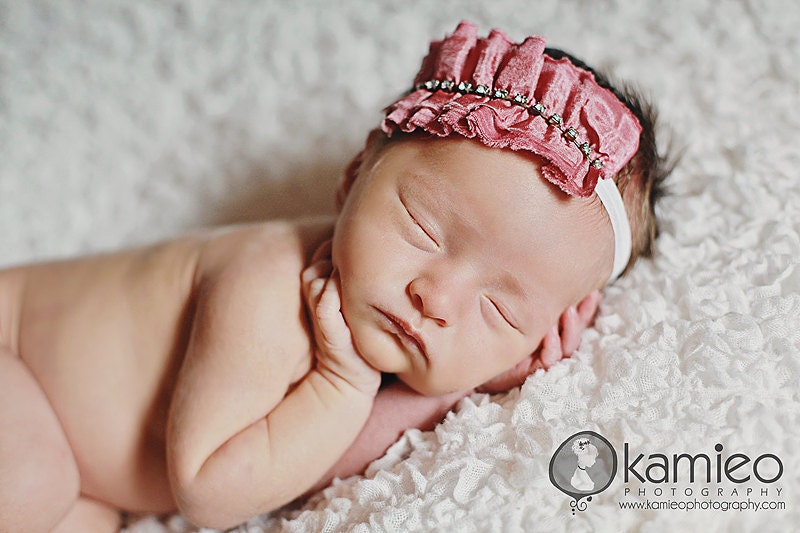 Valenciennes Fabric Trim Rhinestone Lined Pink Headband Shabby Chic Vintage Inspired Boutique Photography Prop Infant Newborn Wedding Girls