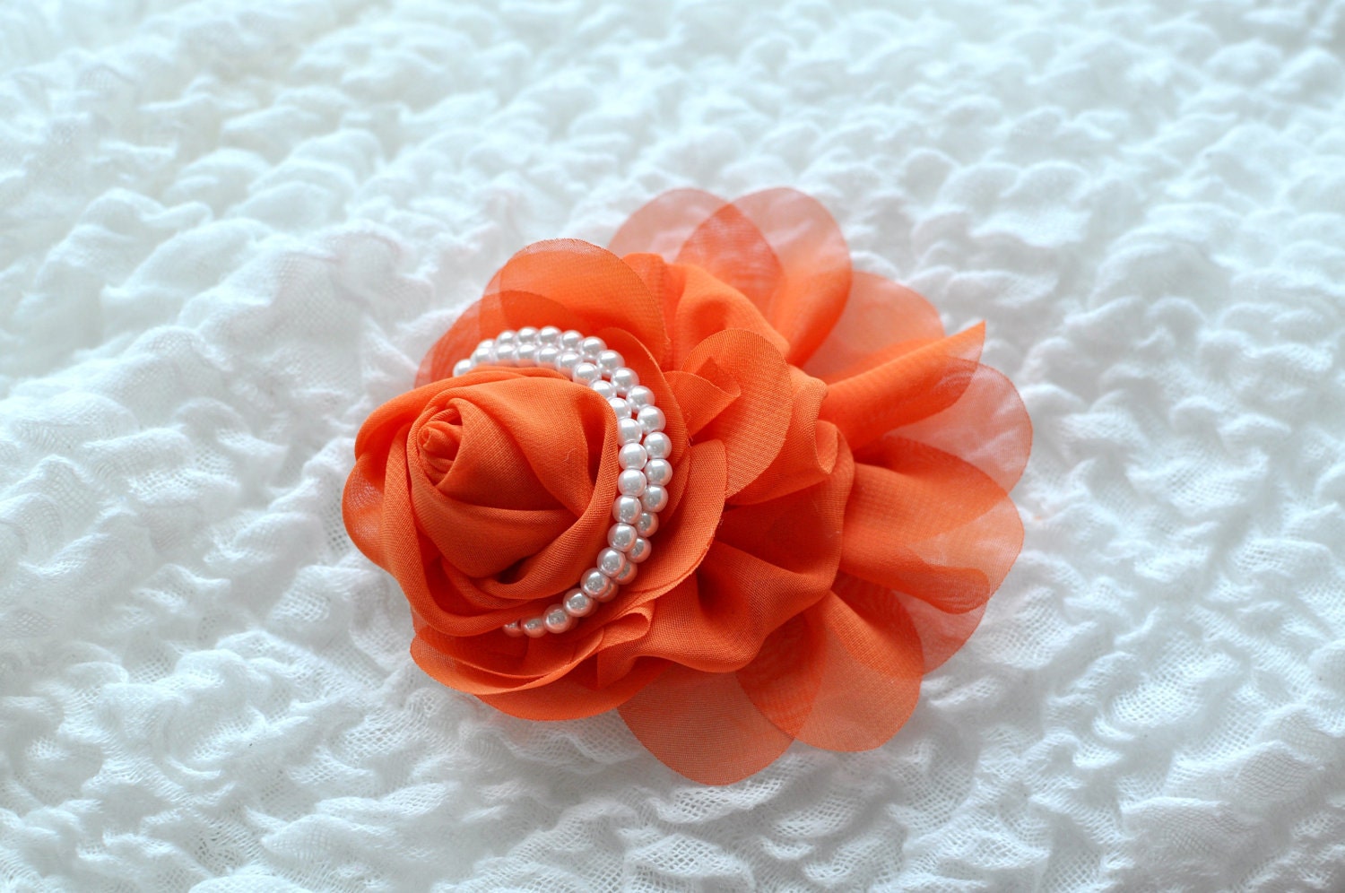 PENELOPE - ORANGE Chiffon ROSE Rosette Fabric Flower Hair Clip Pearls and Ribbon Elegant Wedding Bridal Bridesmaid Fancy Bow