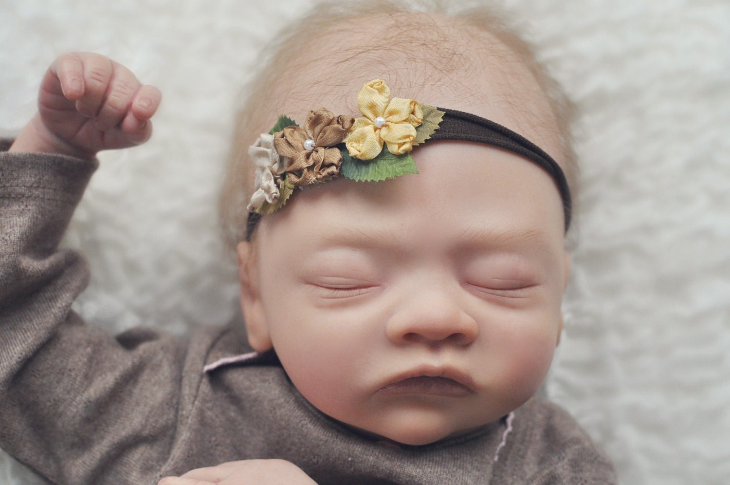 Fall Headband Triple Dainty Ribbon Rosette Flower Photography Prop - Infant Newborn Toddlers Ivory Chocolate Mustard