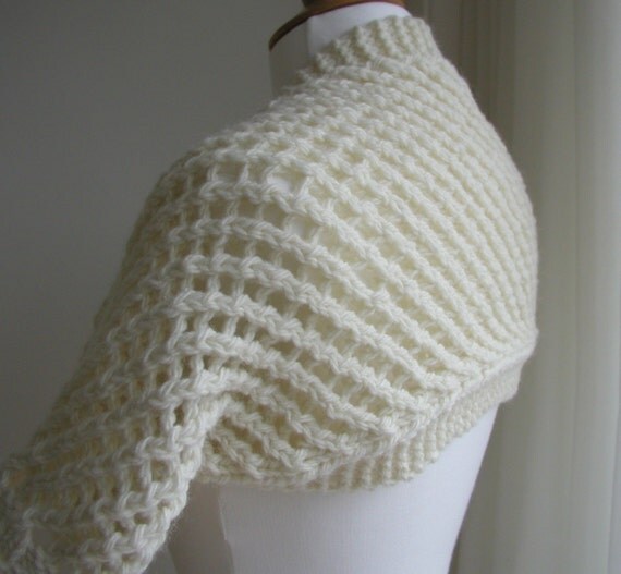 Hand Knitted Cream Lattice Lace Wool Shrug by ...