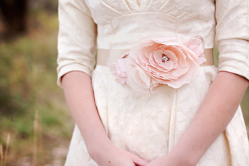 Bridal Gown Sash  - blush pink  flower bridal gown belt -  wedding dress sash - silk velvet - vintage -  rhinestones - wide beige ribbon