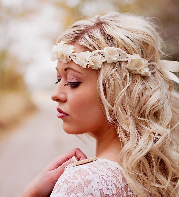 Wedding Headband - Ruffle Flower Art Nouveau Vintage Lace Wedding Halo Crown - wedding hair accessories -  ivory and rhinestone flowers