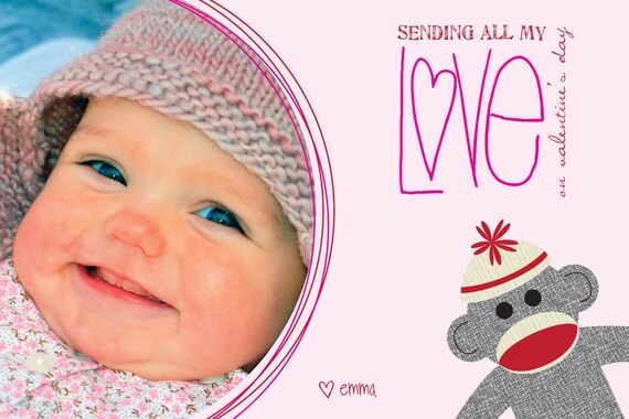 Circle Frame Sock Monkey - Custom Photo Valentines Card Il_570xn