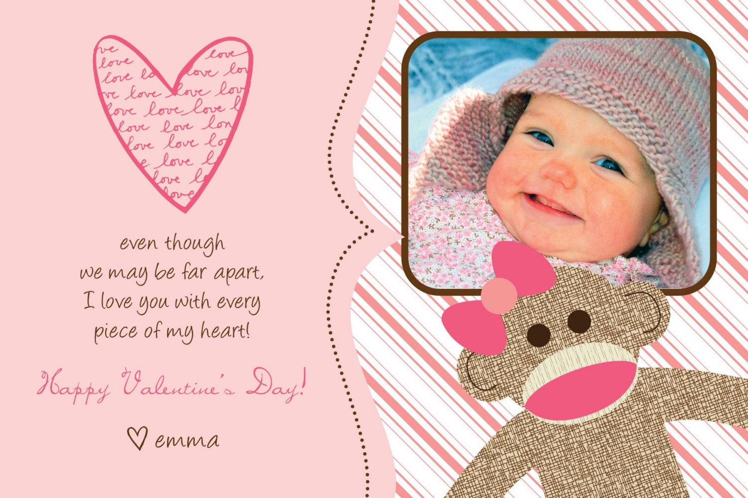 Stripes Sock Monkey - Custom Photo Valentines Card Il_570xn