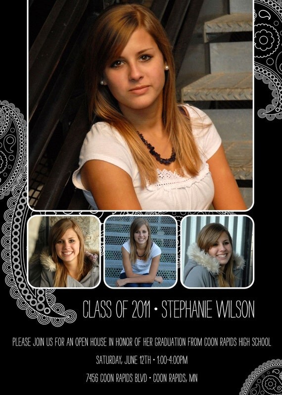 Black Paisley- Custom DIGITAL Photo Graduation Announcement Open House Invitation Il_570xn