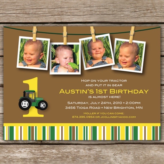 Green Tractor Multi-Photo Birthday - Custom DIGITAL Photo Birthday Party Invitation Invite for ANY AGE Il_570xn