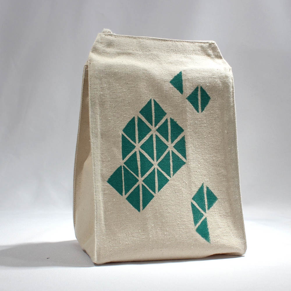 Recycled cotton lunch bag geometric triangle print with green water based ink - LEFTright