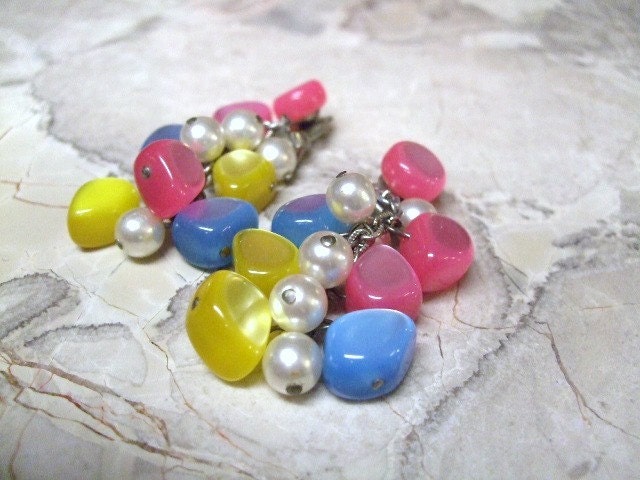 Earrings Lucite Cha Cha Pink Yellow Blue Pearl Vintage 1960s Jewelry
