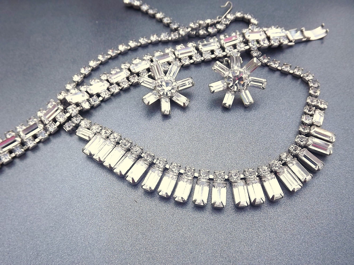 Vintage Rhinestone Set Necklace Bracelet Earrings 1950s Wedding Bridal Jewelry