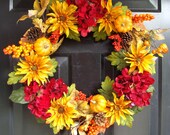 Autumn Pumpkin Wreath With Hydrangeas, Fall Wreath for Door, Thanksgiving Wreath, Pumpkin Fall Wreath