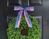 Patriotic Wreath- 20 inch Boxwood Wreath American Flag Ribbon- July 4th Wreath- 4th of July Decor