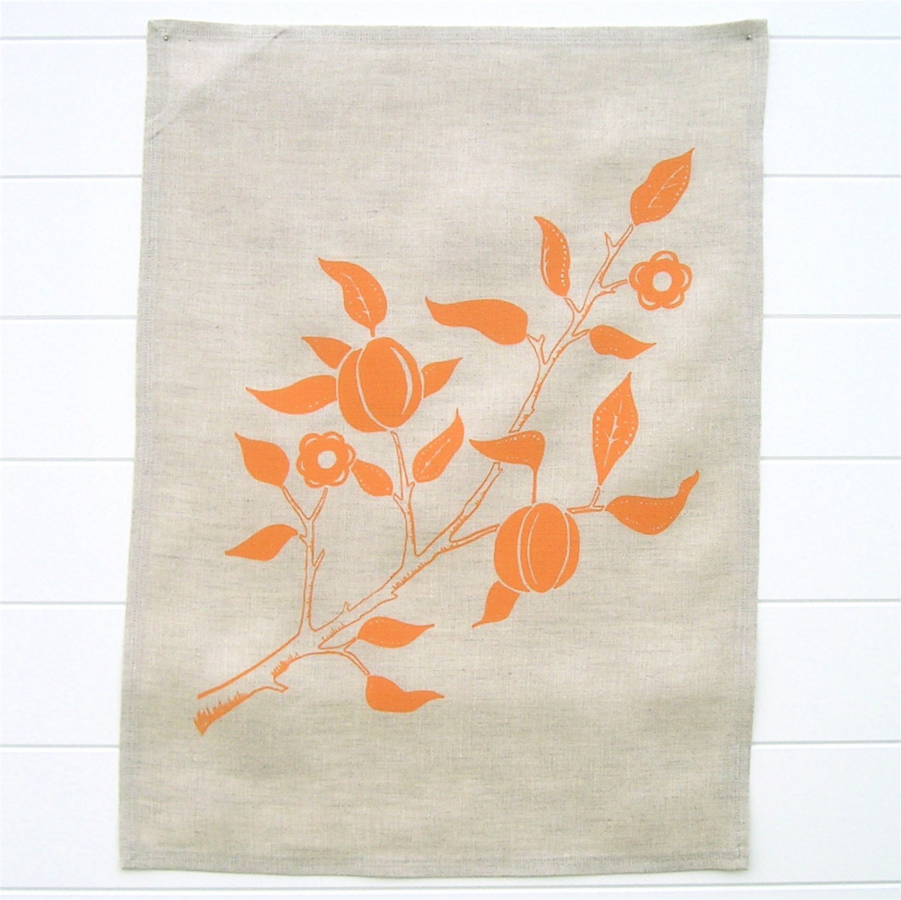 Tea Towel Linen Hand Printed Tangerine Flowering Branch