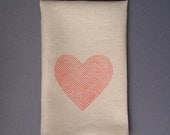 Hand printed Valentine Red Heart Tea Towel - Natural Linen
