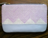Linen and Leather Clutch - Hand-printed - Orchid Herringbone - Gray Leather
