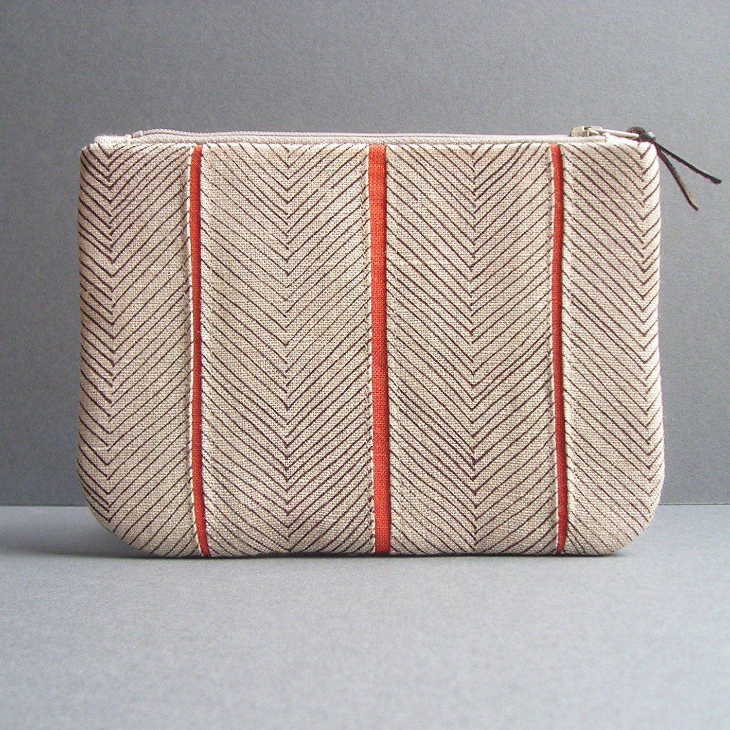 Clutch - Hand-printed linen - Chocolate/Orange Herringbone