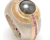Reserved for Audrey- sterling silver, hematite and pink sapphire in 18k gold finger ring   4-3649