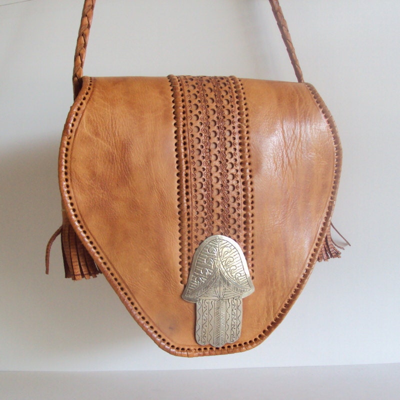 Four Winds Moroccan American West Leather Tooled Brown Shoulder Bag Purse