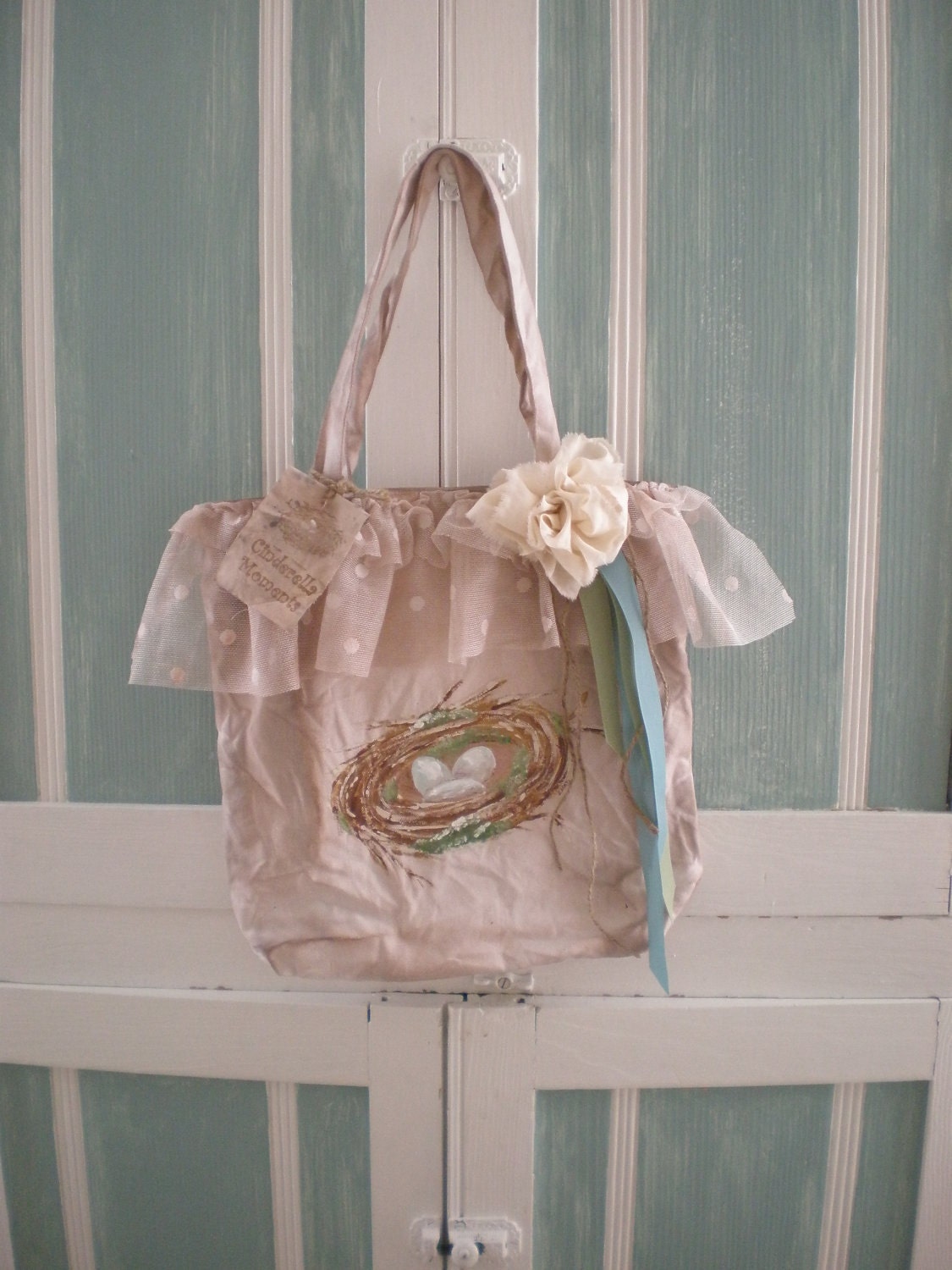Handpainted Nest Tea Stained Shabby Chic Ruffle Tote