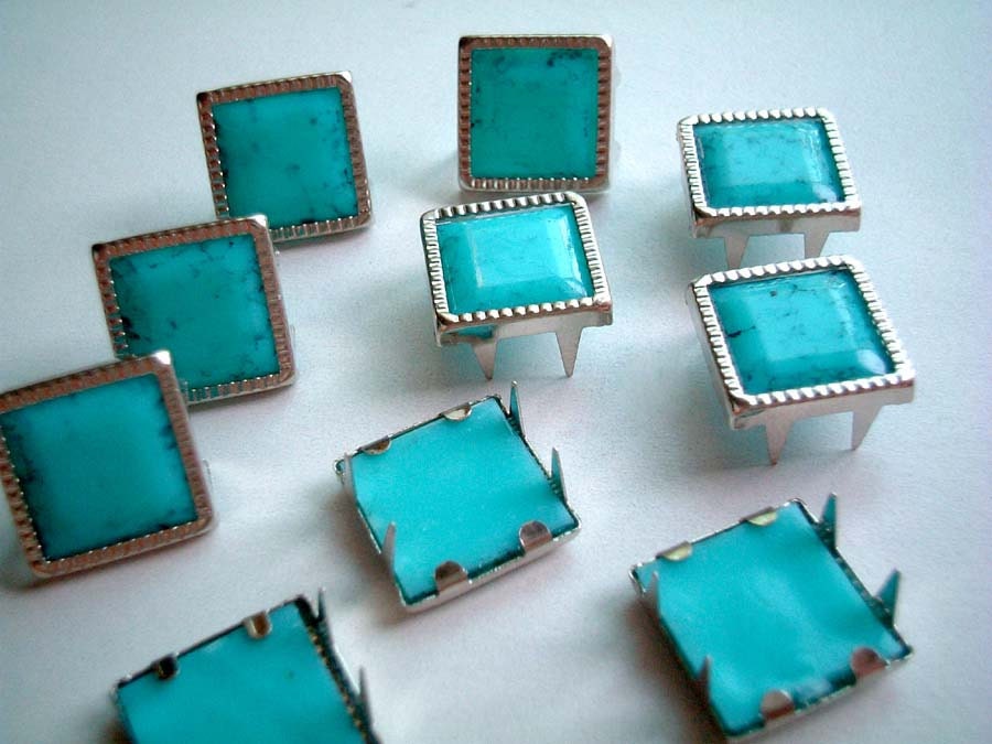 Square Light Blue Leather Craft Studs, set of 10 pin, button, bead, blue, silver, light blue, turquoise, jaws, fang, iammie
