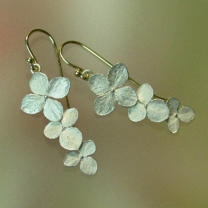 Hydrangea Flower Dangle Earrings, Silver Drop Earrings, Sterling, 14k Gold, Made to order