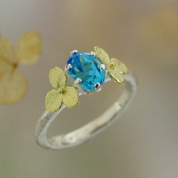 Oval Blue Topaz Gemstone Ring, Sterling Silver, 18k gold Hydrangea Blossoms Alternative Engagement Ring  Made to Order
