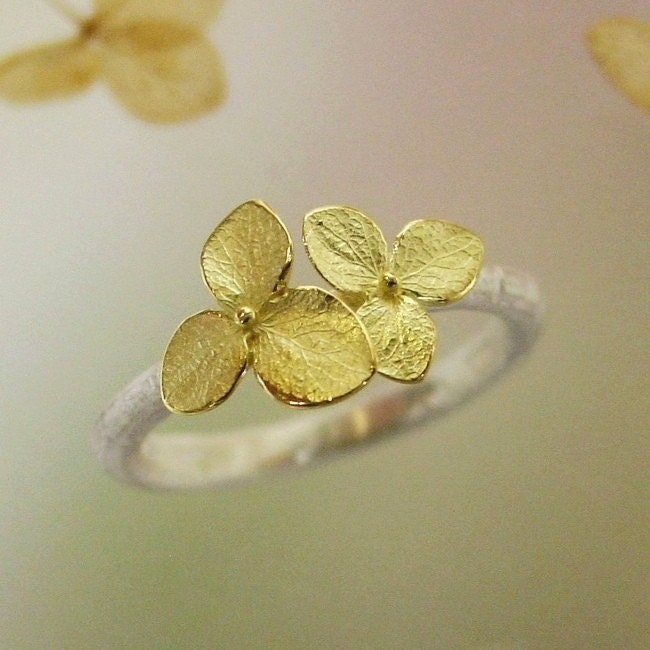 Hydrangea Blossom Ring, Stacking Ring, Sterling Silver, 18k gold Flowers, Botanical, Made to order