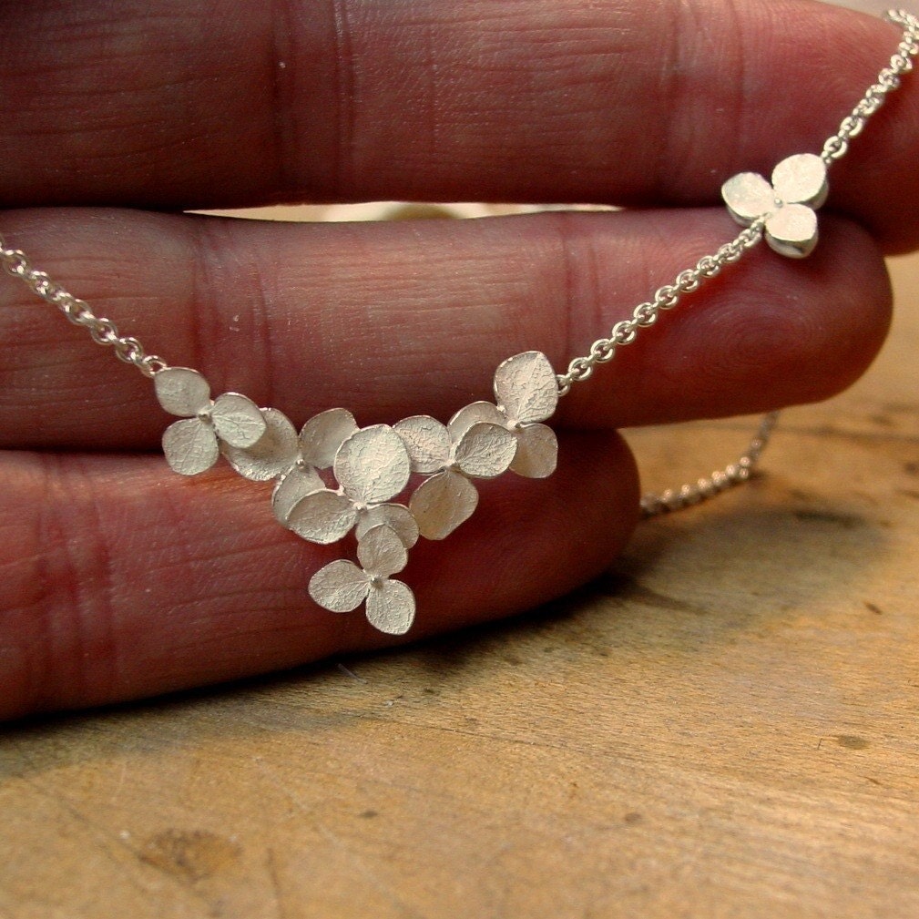 Flower Necklace, Hydrangea Cluster Necklace, Sterling Flower Wedding Necklace, Made to order