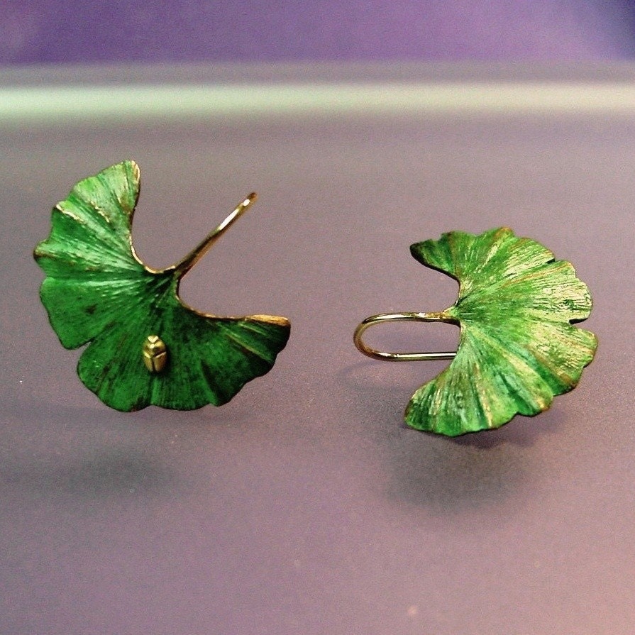 Ginkgo earrings with tiny 18k insect