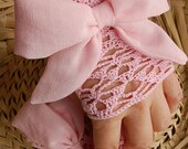 Crocheted lace fingerless Pink summer gloves with pink silky bow. Ready to Ship.