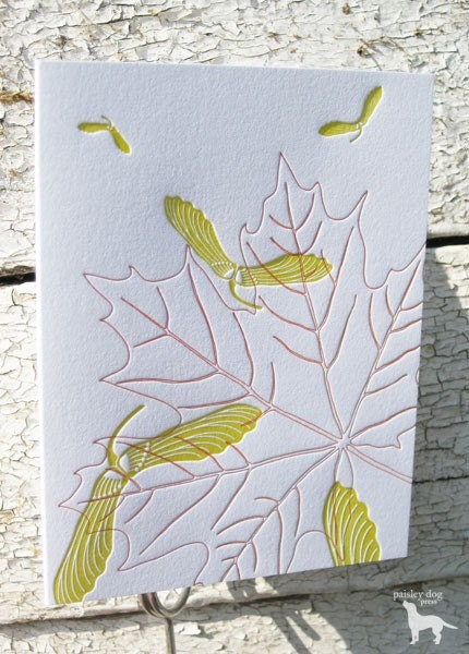 Letterpress Greeting Card - Maple Seeds and Leaf for Fall