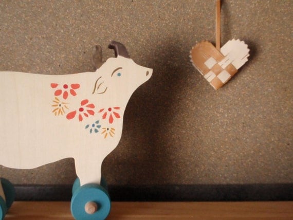 dreamy cow push toy - - Bucolic Cows on Wheels - Wooden Folk Toy / Art toy
