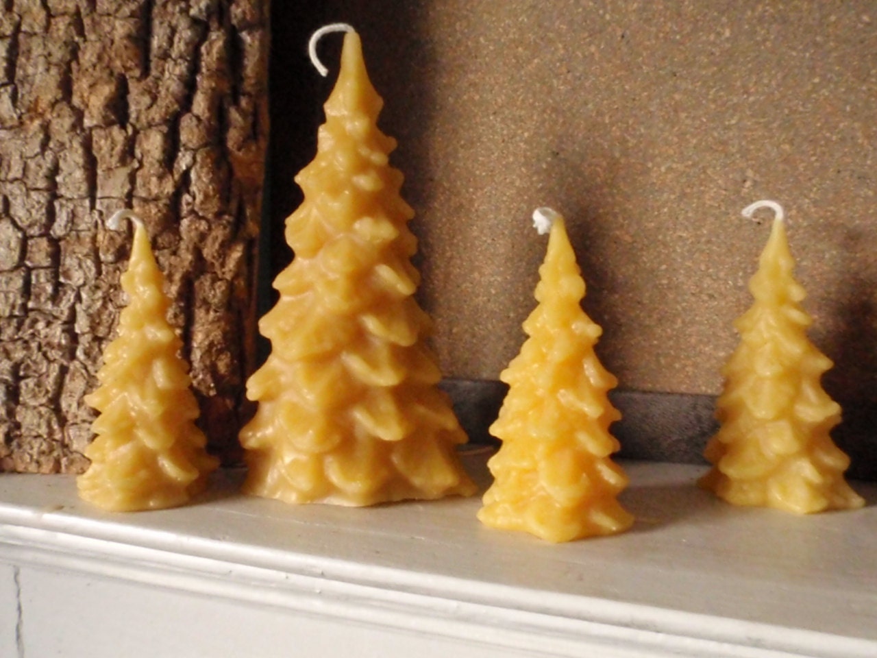 Golden Forest Candles (set of 4) -- Pure Beeswax Pine Tree Candles- (woodland decor entertaining)