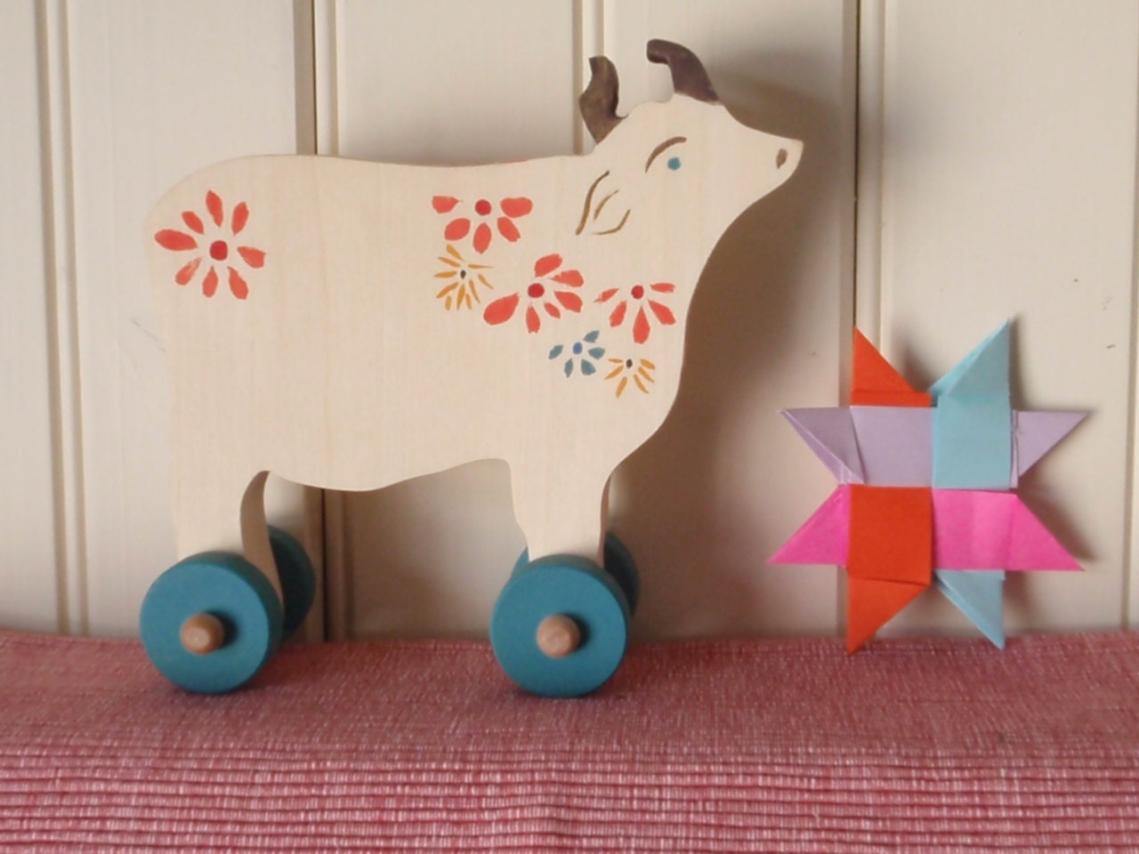 dreamy cow push toy - - Bucolic Cows on Wheels - Wooden Folk Toy / Art toy