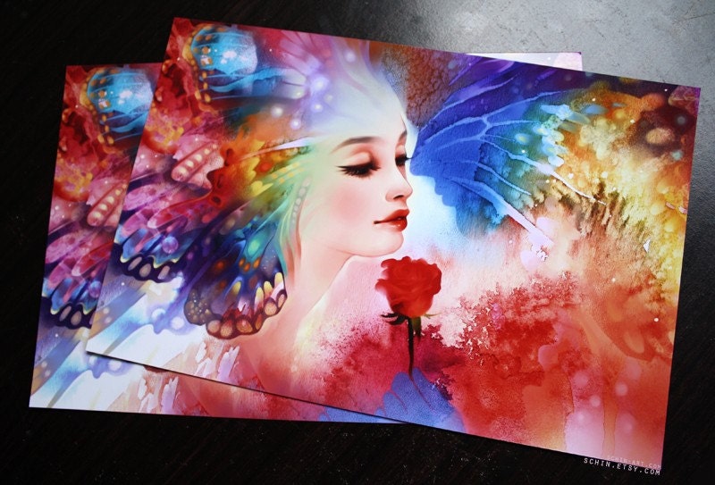 Butterfly Kisses. rainbow love rose valentines kiss lover art print