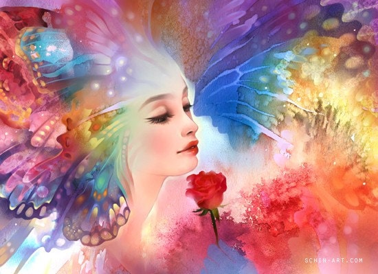 Butterfly Kisses. rainbow love rose valentines kiss lover art print